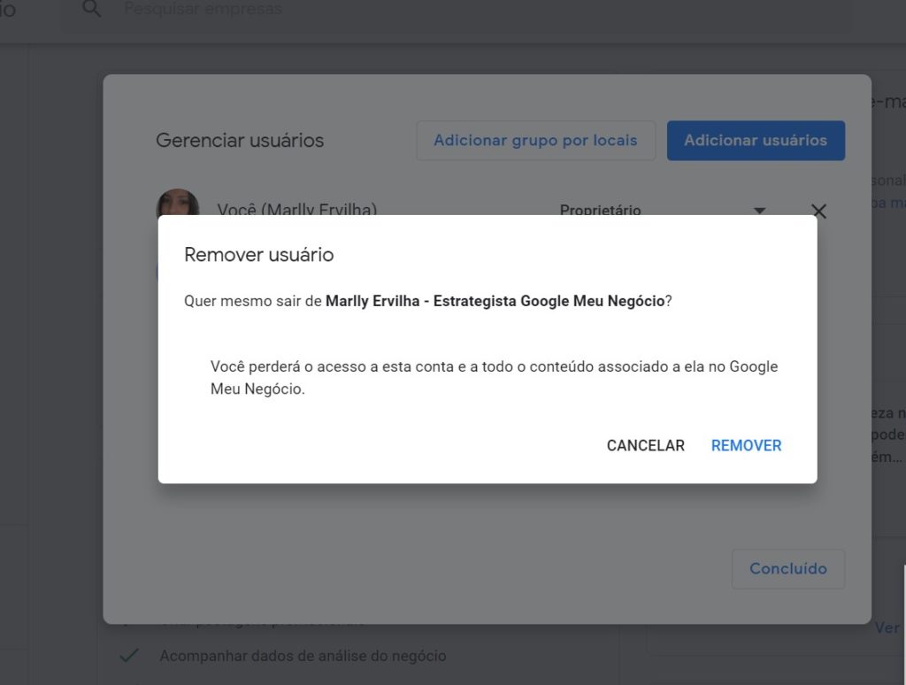 excluindo usuário da Ficha do Google meu Negócio